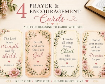May include: Four rectangular prayer and encouragement cards featuring floral borders with pink flowers and green leaves. Each card displays a unique Bible verse in black and pink text, including Psalm 28:7, Psalm 46:10, Philippians 4:13, and 1 Peter 5:7, with a small pink heart icon.