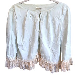 Vintage Christian Dior Blue Lace Trim Button Front Silk Blend Blouse M