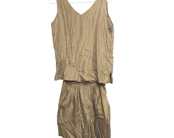Conjunto vintage de los 90 de Clio, camiseta de tirantes y shorts 100% seda, color marrón topo, 2 piezas, talla S