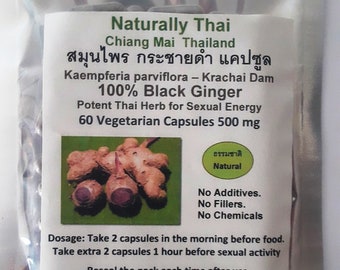 Thai Black Ginger 60x 500mg Capsules. Kaempferia parviflora. Krachai Dam. Male Performance. Male Energy.