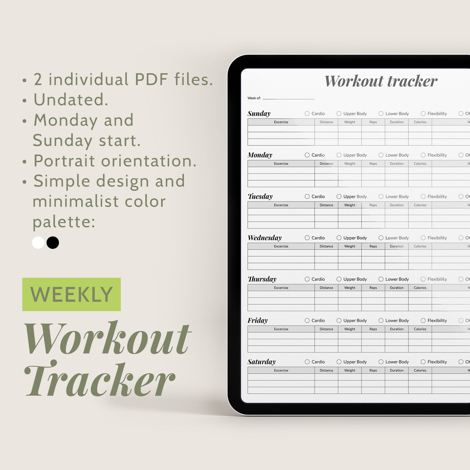 Weekly Workout Tracker | Fitness Journal | Goodnotes Template | Minimalistic Design | Portrait ...
