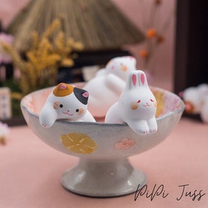 Japanese Cute Cat Rabbit Figurine, Clay Kitten figure, Bunny Desktop Ornament, Cat Car Dashboard, Navigation Screen Decor, Buy 2 Get 10% Off