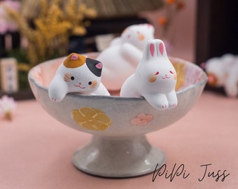 Japanese Cute Cat Rabbit Figurine, Clay Kitten figure, Bunny Desktop Ornament, Cat Car Dashboard, Navigation Screen Decor, Buy 2 Get 10% Off