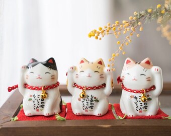 Bonita estatuilla de gato de la suerte, gato de porcelana de la fortuna, adorno de escritorio para gatito, decoración para el hogar y la oficina de la habitación del gato, escultura de gatito