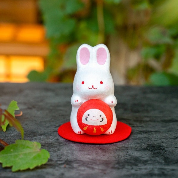 Japanese Cute Bunny And Daruma Figurine, Adorable Rabbit & Daruma Figure, Rabbit Daruma Desk Decor Zodiac Sign Year of Rabbit