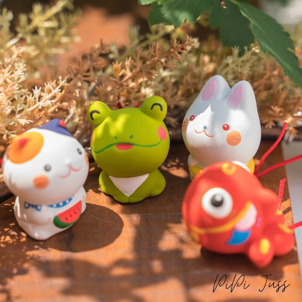 Japanese Cute Kitten Frogs Rabbits Goldfish Figurine With An Omikuji, Desk and Car Ornament, Office Decor Gifts