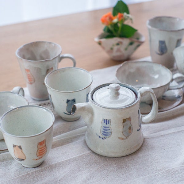 Japanese Cute Hand-Painted Cat Cup, Kawaii Kitten Coffee Mug , Cat Tea Pot, Cat Coffee Cup, Cat Vase, Cat Bowl