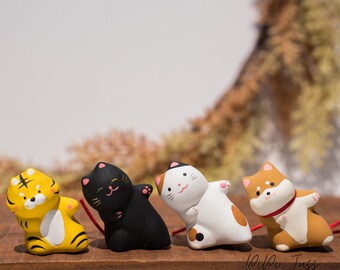 Japanese Cute Cat Figurine, Frog Figurine, Shiba Figure, Tiger Desktop Ornament, Leaning Animal-themed Room Decor, Buy 2 Get 10% Off