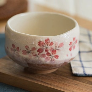 Japanese Sakura Matcha Bowl, Matcha Tea Bowl, Ceramic Matcha Tea Bowl With Pink Sakura, Japanese Traditional Sakura Tea Cup A