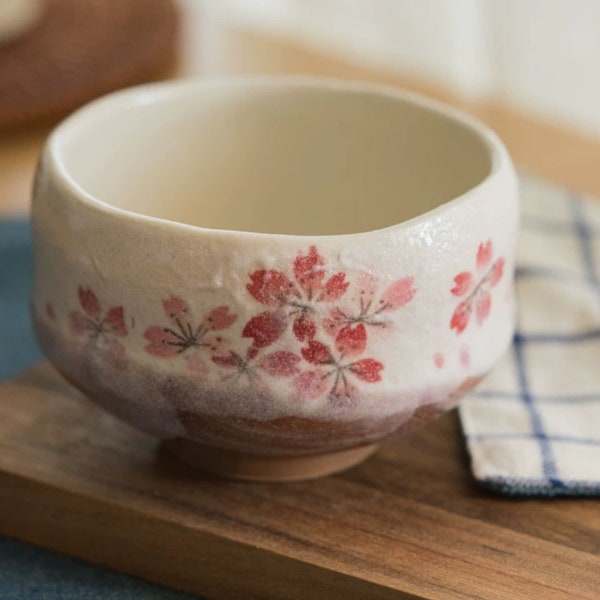 Japanese Sakura Matcha Bowl, Matcha Tea Bowl,  Ceramic Matcha Tea Bowl With Pink Sakura, Japanese Traditional Sakura Tea Cup