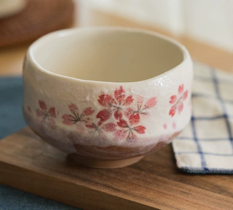 Japanese Sakura Matcha Bowl, Matcha Tea Bowl, Ceramic Matcha Tea Bowl With Pink Sakura, Japanese Traditional Sakura Tea Cup image 1