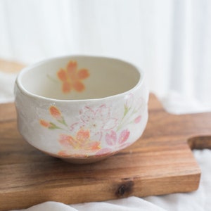 Japanese Sakura Matcha Bowl, Matcha Tea Bowl, Ceramic Matcha Tea Bowl With Pink Sakura, Japanese Sakura Tea Cup Orange Flower