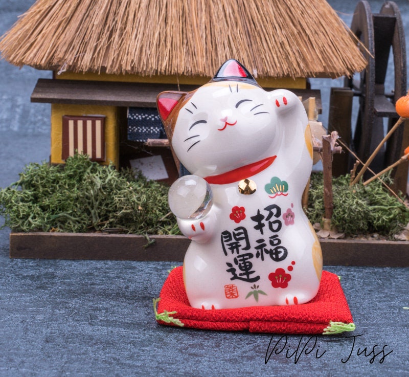 Cute Lucky Cat Figurine Fortune Porcelain Cat Holding A Glass Etsy