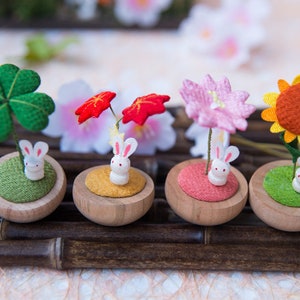 Japanese Handmade Cute lucky Cat Figurine, Lucky Clover Figurine, Cat, Rabbit Figurine Roly-Poly, Animal Figure In Chirimen