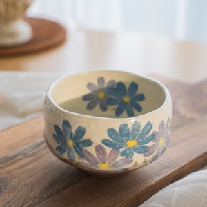 Japanese Sakura Matcha Bowl, Matcha Tea Bowl, Ceramic Matcha Tea Bowl With Pink Sakura, Japanese Sakura Tea Cup Blue Flower