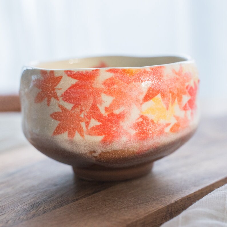 Japanese Sakura Matcha Bowl, Matcha Tea Bowl, Ceramic Matcha Tea Bowl With Pink Sakura, Japanese Sakura Tea Cup red maple