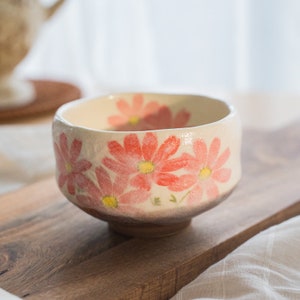 Japanese Sakura Matcha Bowl, Matcha Tea Bowl, Ceramic Matcha Tea Bowl With Pink Sakura, Japanese Sakura Tea Cup Orange Sakura