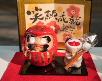 Cute Cat And Daruma Figurine, Adorable Kitten And Daruma Figure, Kawaii Cat Desktop Ornament, Kawaii Kitten Desk Accessories, Cat Lover Gift