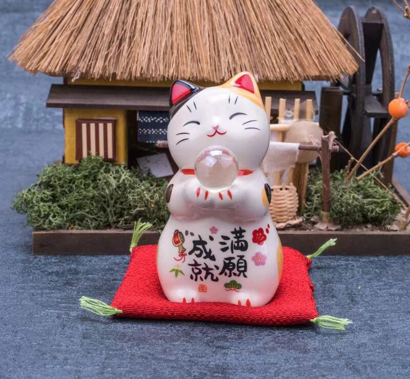 Cute Lucky Cat Figurine Fortune Porcelain Cat Holding A Glass Etsy