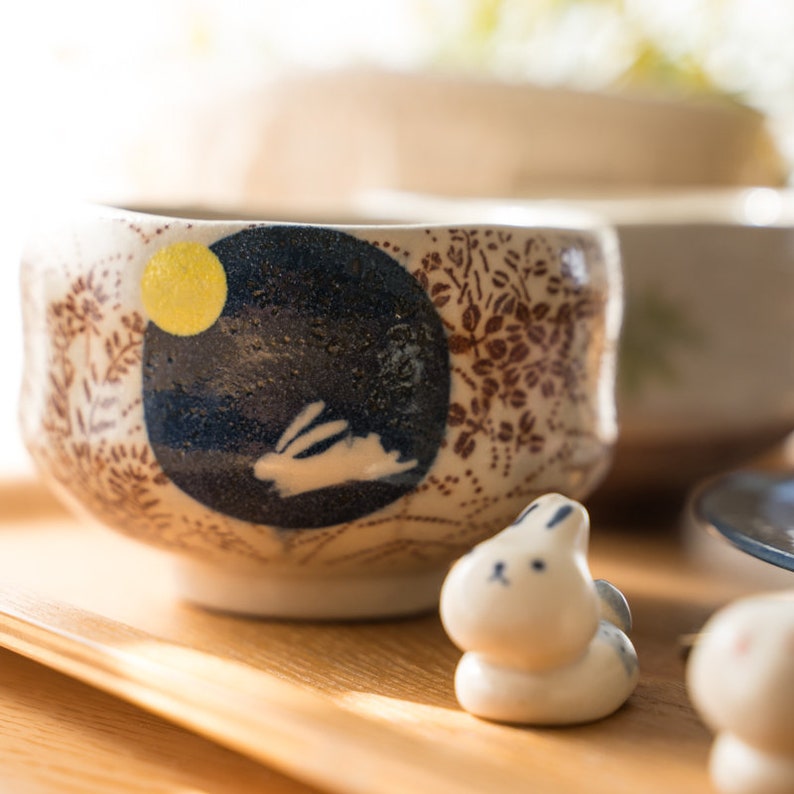 Japanese Sakura Matcha Bowl, Matcha Tea Bowl, Ceramic Matcha Tea Bowl With Pink Sakura, Japanese Sakura Tea Cup Rabbit & Moon