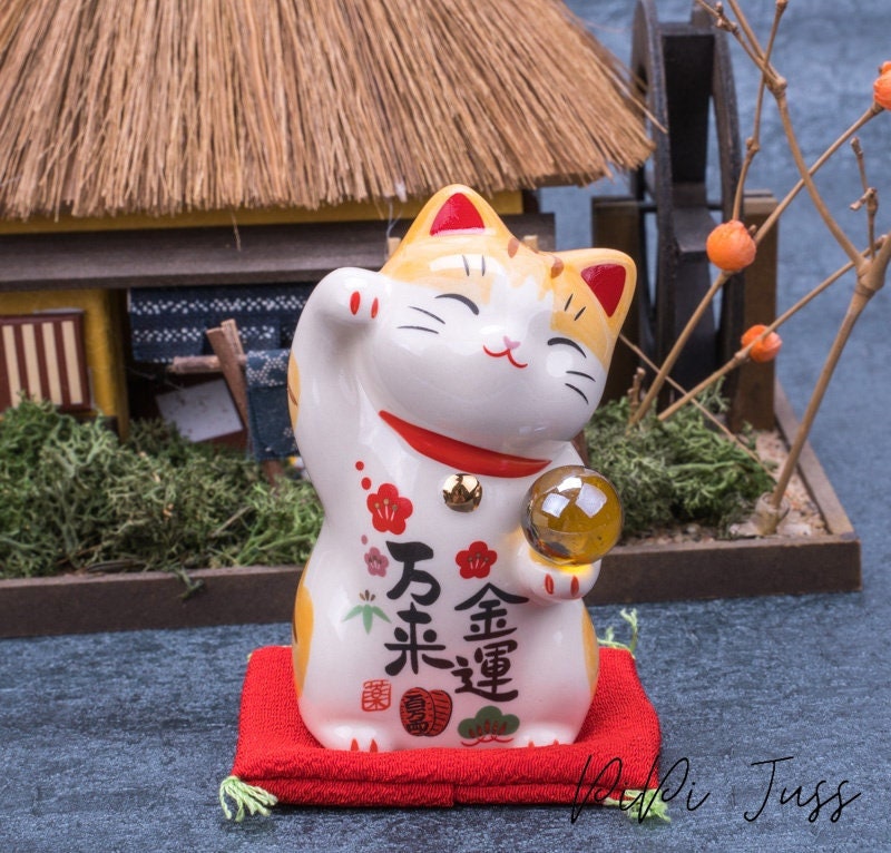 Cute Lucky Cat Figurine Fortune Porcelain Cat Holding A Glass Etsy