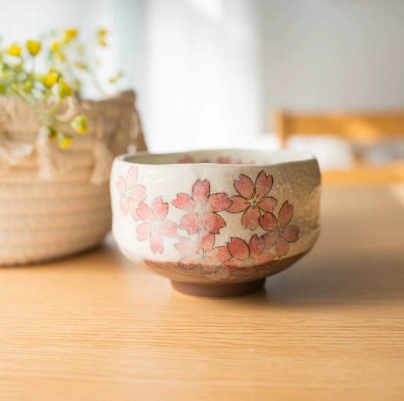 Japanese Sakura Matcha Bowl, Matcha Tea Bowl, Ceramic Matcha Tea Bowl With Pink Sakura, Japanese Traditional Sakura Tea Cup J