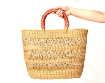 Brown Handle Raffia Woven Classic Tote Bag, Straw Summer Beach Bag, Grasscloth Shopping Bag