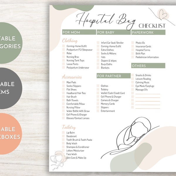 Hospital Bag Checklist - Editable PDF - Fillable Printable Digital Template - Ultimate List for Mom, Baby, Partner to Prepare for Delivery