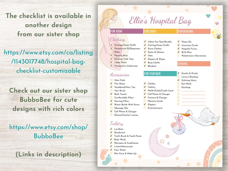 Liste de contrôle des sacs d'hôpital PDF modifiable Modèle numérique imprimable remplissable Liste ultime pour maman, bébé, partenaire pour se préparer à l'accouchement image 6