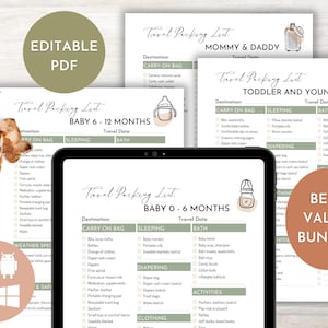 May include: A digital tablet displaying a printable travel packing list for babies aged 0-6 months. The list includes categories for carry-on bag, sleeping, diapering, bath, activities, and clothing. The list is titled "Travel Packing List: Baby 0-6 Months".