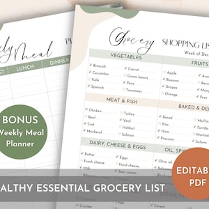 Master Grocery Shopping List - Editable Printable PDF - Conveniently Filled with Essential Healthy Grocery Items - Bonus Weekly Meal Planner