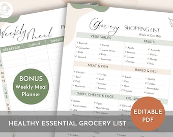 Master Grocery Shopping List - PDF imprimable modifiable - Idéalement rempli d'articles d'épicerie sains essentiels - Planificateur de repas hebdomadaire bonus