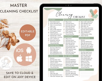 Editable Cleaning List - Master Deep Cleaning Checklist PDF - Customizable Fillable Printable Cleaning Planner - For Housekeeping or Airbnb