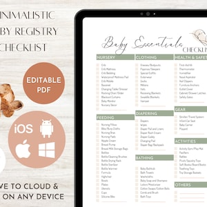 May include: A printable checklist for a baby registry. The checklist is divided into categories such as nursery, clothing, health & safety, diapering, gear, activities, bathing, and others. The checklist is designed to be used on any device, including iOS, Android, and Windows.
