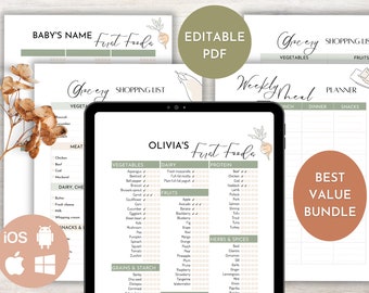 Editable Baby&#39;s First 100 Foods, Baby Meal Planner, Grocery Shopping List Bundle - Customizable Digital Planner - Baby Led Weaning