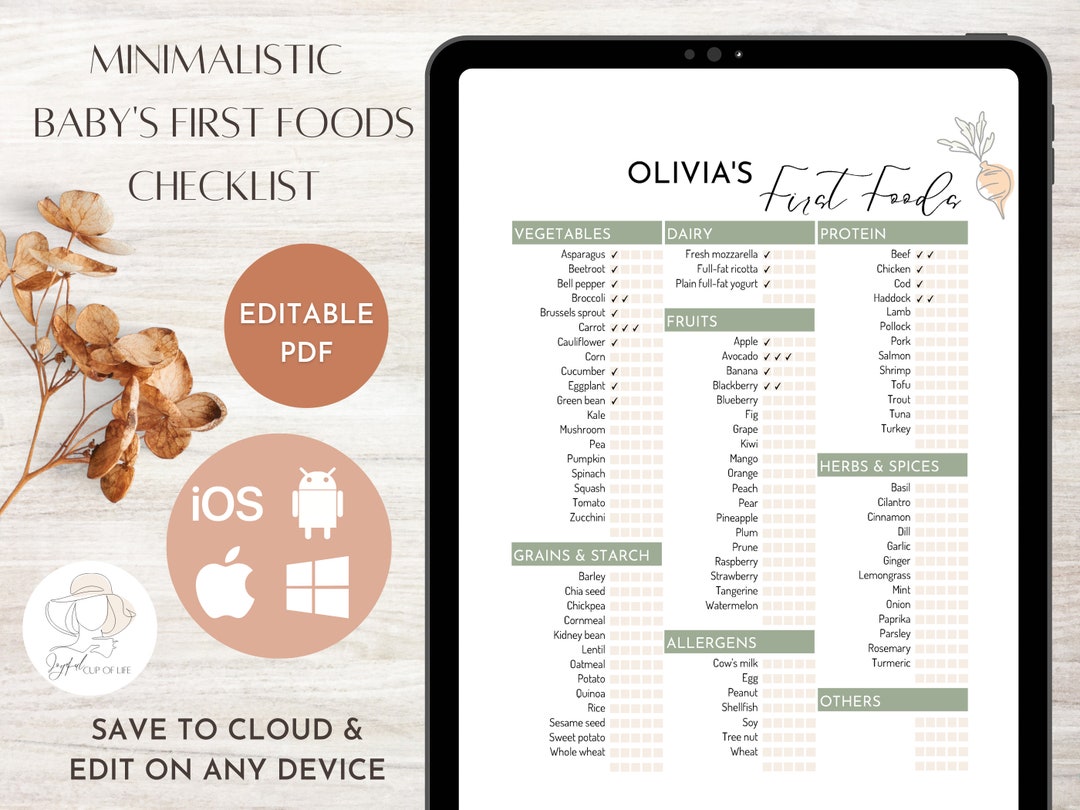 Editable Baby's First Foods Checklist Fillable Printable PDF Healthy