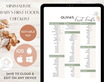 Editable Baby&#39;s First Foods Checklist - Fillable Printable PDF - Healthy Baby Food Chart with 100 Foods Before 1 for Baby Led Weaning