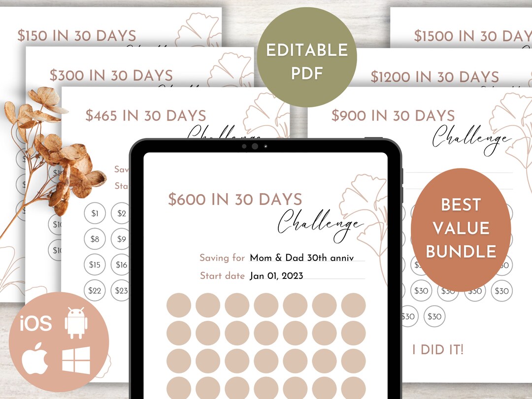 Editable 30 Days Saving Challenge Bundle - Minimalistic - Print or Edit ...