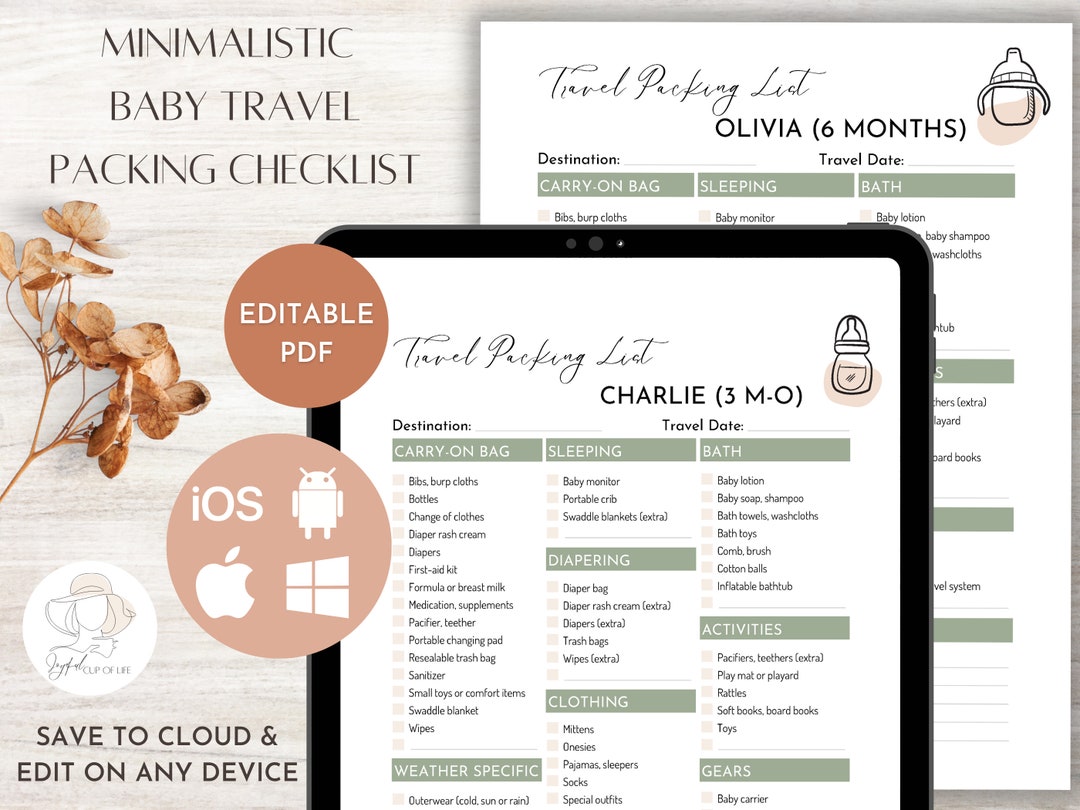 Editable Baby Travel Packing List Customizable Packing Checklist for