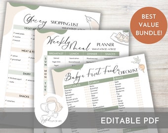 Fillable Baby&#39;s First 100 Foods, Baby Meal Planner, Grocery Shopping List Bundle - Customizable Digital Planner - Baby Led Weaning