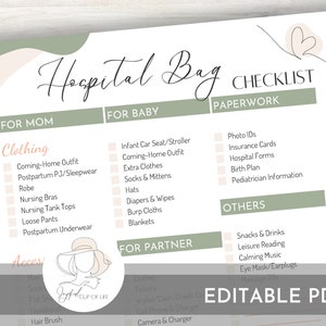Hospital Bag Checklist - Editable PDF - Fillable Printable Digital ...