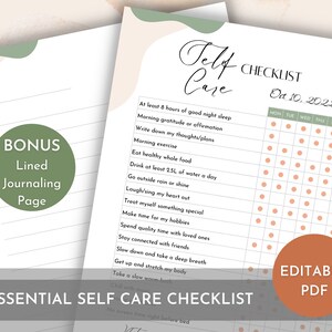 Weekly Self Care Planner - Editable Printable Self Care Checklist - Build and Maintain Your Self Care Habits - Bonus Journaling Pages