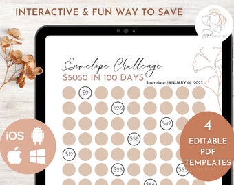 Interactive 100 Envelope Challenge - Sure Way to Save 5k in 100 Days with Fun and Motivation - Editable Printable Minimalistic PDF Template