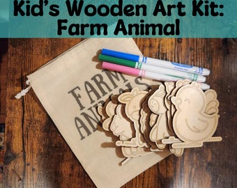 Kid's Wooden Art Kit Farm Animals, Kids Art Kit, Coloring Kit, Animal cutouts, Kids coloring kit, Kids painting set, Animal painting kit