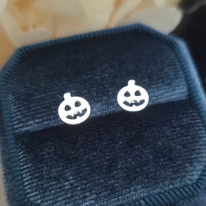 Può includere: Un paio di orecchini a lobo argentati a forma di zucca. Ogni orecchino presenta un design intagliato di una faccia di lanterna. Gli orecchini sono esposti in un portagioie di velluto blu scuro, perfetto per Halloween.