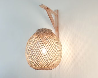 Bamboo Wall Lamp - Bamboo Wall Sconce - Plug In Wall Sconce with Bamboo Lampshade - Flexible Bamboo Lamp Shade