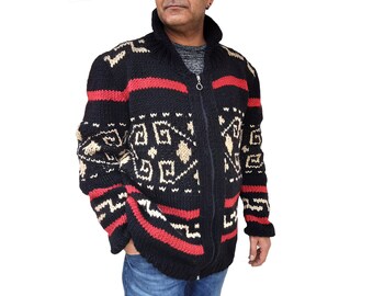 Chunky Men's Zip Sweater Inspired by Dude style Big Lebowski Sweater BLack Hand knit wool Cowichan style