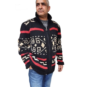 Chunky Men's Zip Sweater Inspired by Dude style Big Lebowski Sweater BLack Hand knit wool Cowichan style