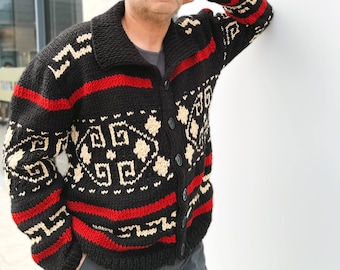 Dude-Stil Pullover Big Lebowski Navy Blue geknöpft Strickjacke handgestrickt Wolle Cowichan-Stil Herren-Pullover mit Knöpfen