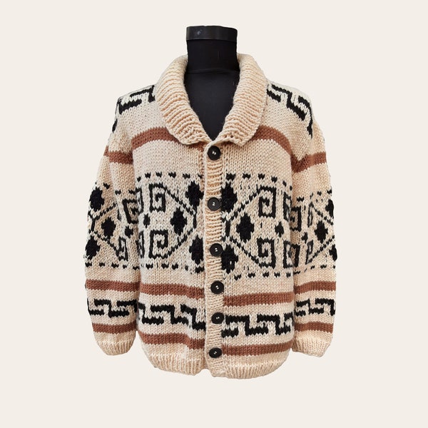 Big Lebowski Cardigan Dude style buttoned sweater hand knit wool Cowichan style men's zip sweater